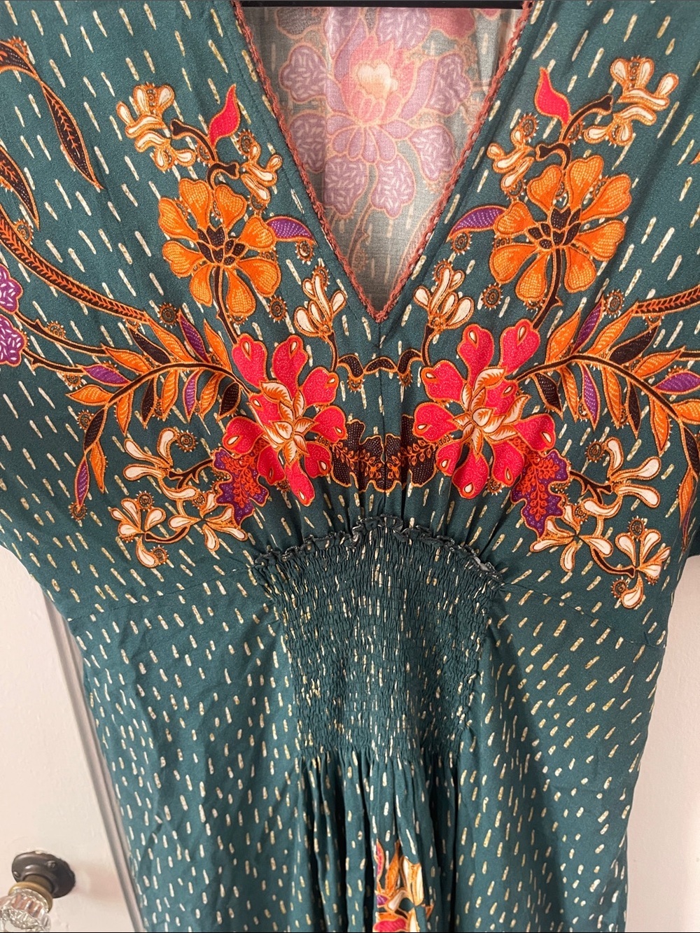 Anthropologie Bl-nk Tatiana Teal Floral V-Neck Midi Kaftan Dress - Picture 6 of 11